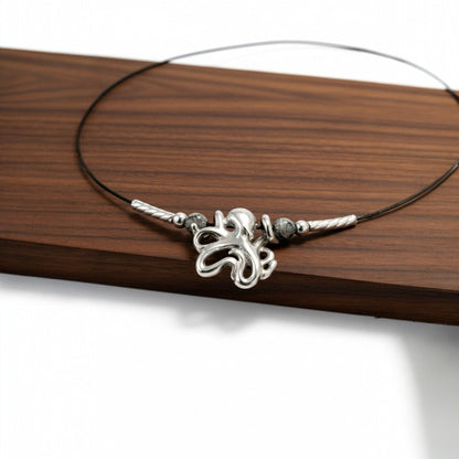Big Blue by Roland St John sterling silver choker necklace with a miniature octopus pendant and grey stone beads.