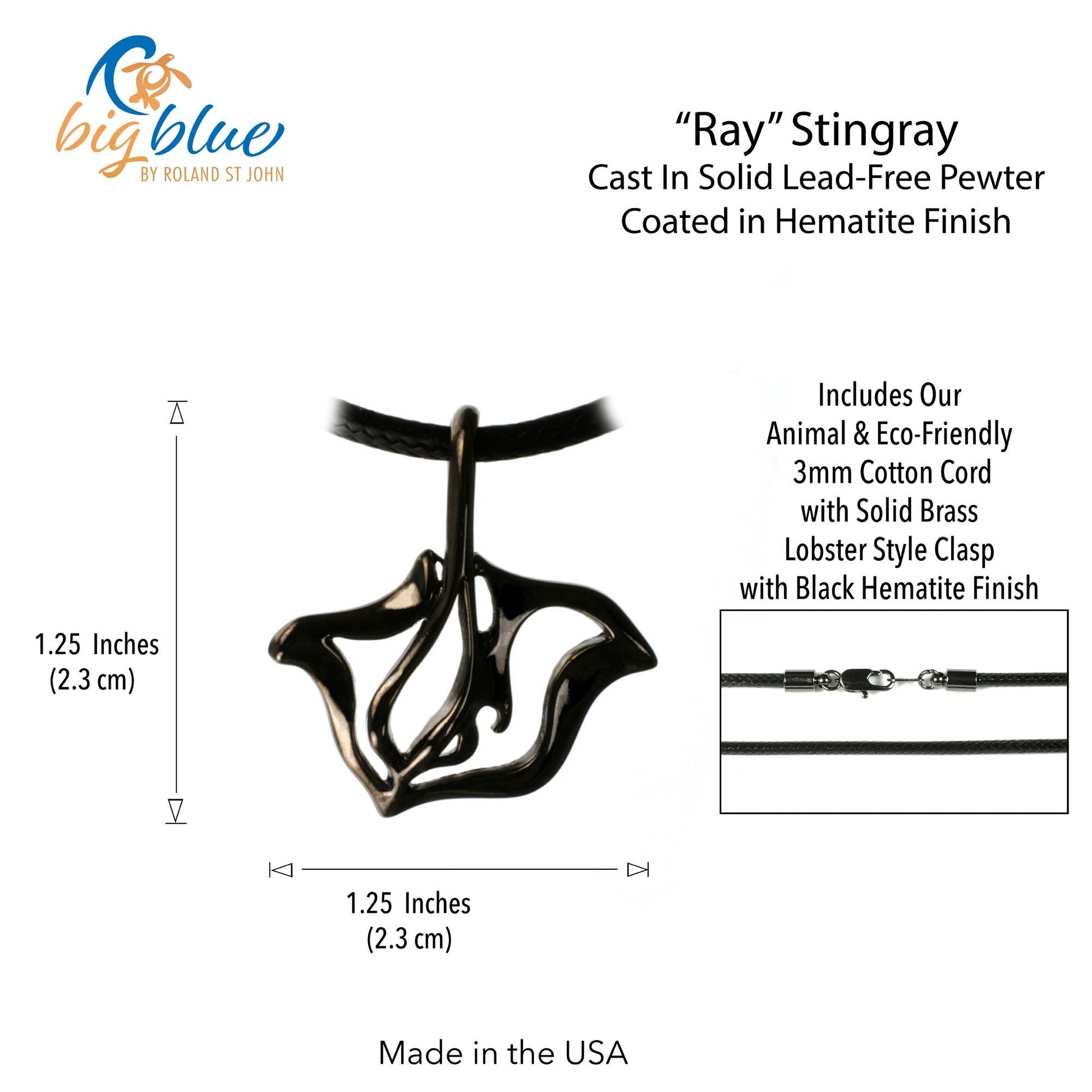 Big Blue by Roland St John "Ray" stingray pendant necklace in black hematite finish, cast in pewter. Includes black cotton cord.