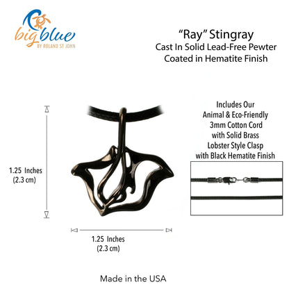 Big Blue by Roland St John "Ray" stingray pendant necklace in black hematite finish, cast in pewter. Includes black cotton cord.