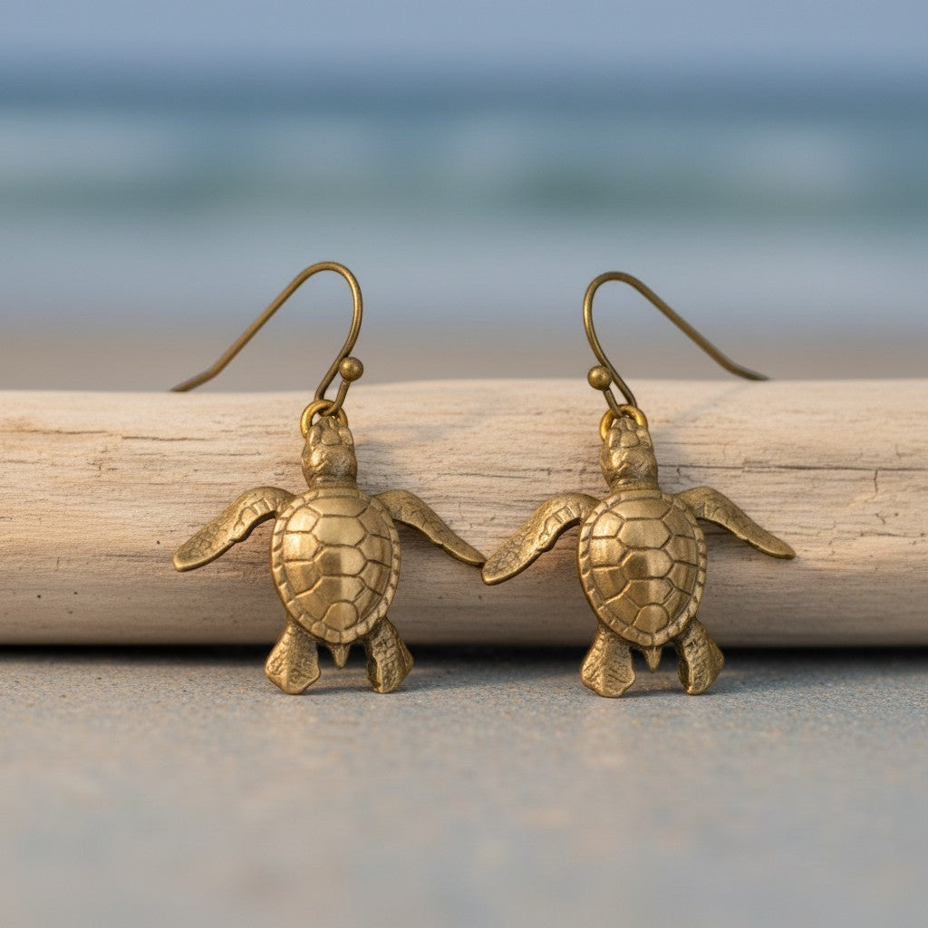 Big Blue by Roland St John bronze baby sea turtle drop earrings, detailed hatchling design, warm earthy tones, perfect for ocean lovers.