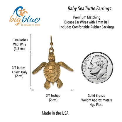 Big Blue by Roland St John bronze baby sea turtle earrings, detailed hatchling design, 3/4 inch charm, made in USA.