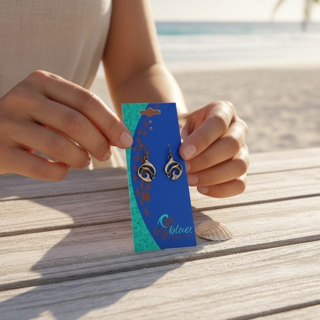 Big Blue by Roland St John bronze dolphin drop earrings with French hook ear wires on a display card.