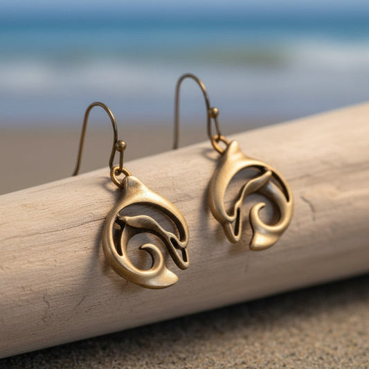 Big Blue by Roland St John bronze dolphin drop earrings with French hook ear wires, inspired by the "Flipper" TV show.