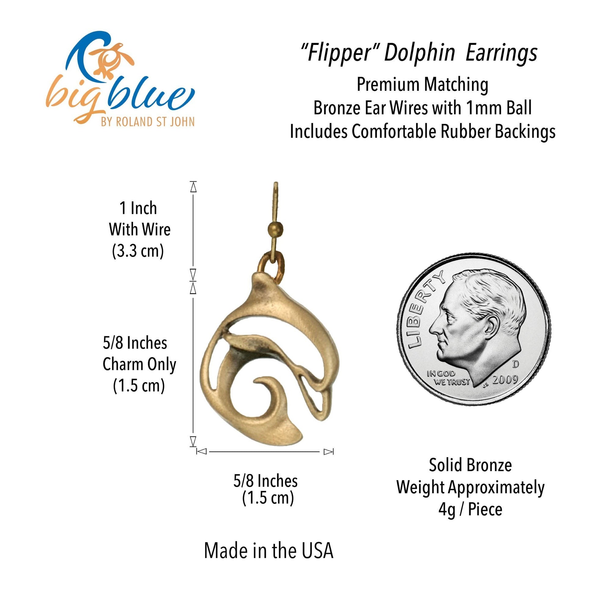 Big Blue by Roland St John bronze dolphin drop earrings, 5/8 inch charm, French hook ear wires with rubber backings.