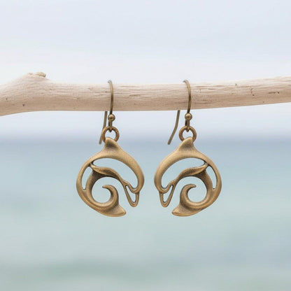 Big Blue by Roland St John bronze dolphin drop earrings with French hook ear wires, inspired by the 1960s TV show Flipper.