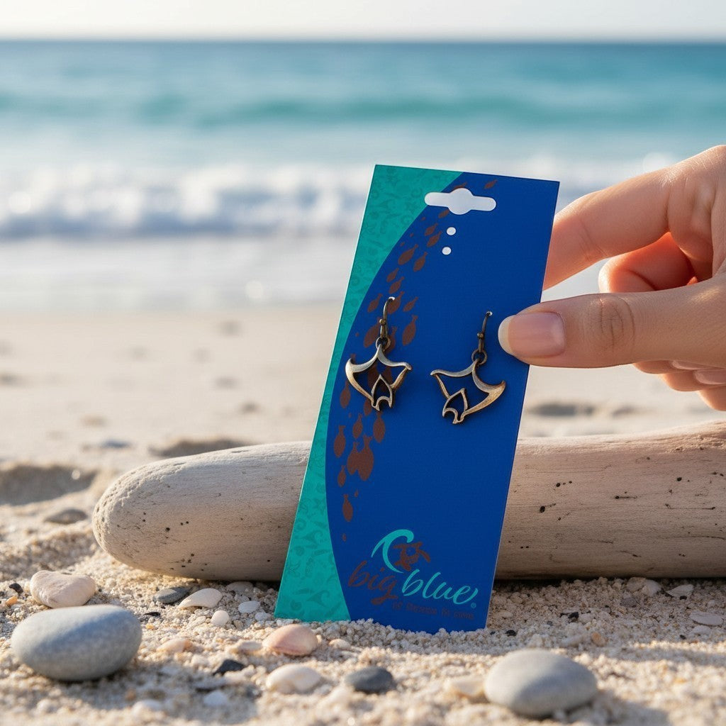 Big Blue by Roland St John bronze manta ray drop earrings on blue card, displayed on a beach.