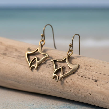 Big Blue by Roland St John bronze manta ray drop earrings with French wires, inspired by the ocean.