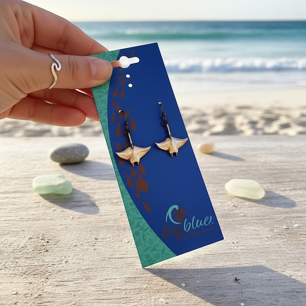 Big Blue by Roland St John bronze manta ray drop earrings, part of the Sealife Collection. Realistic sculpted design with warm bronze finish.