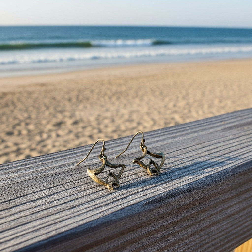 Big Blue by Roland St John bronze manta ray drop earrings with French wires, inspired by the ocean.