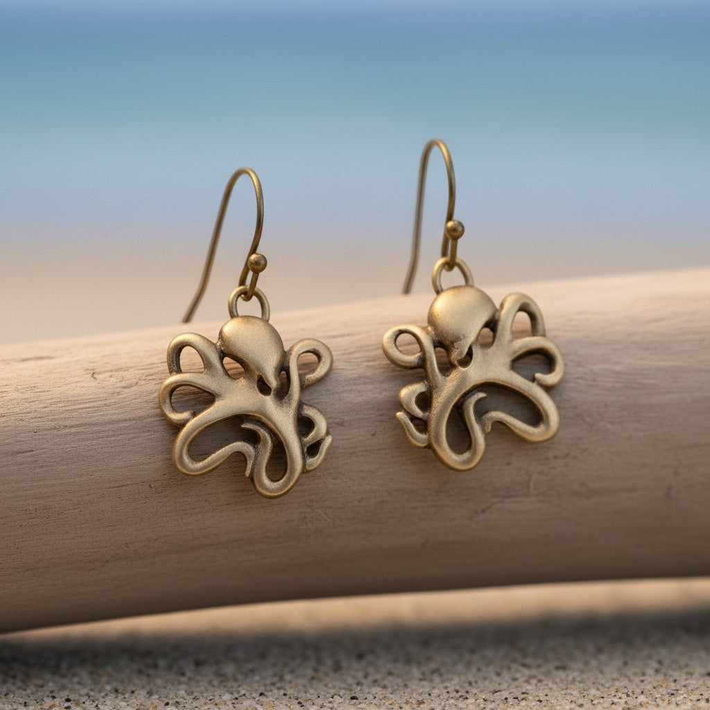 Big Blue by Roland St John bronze octopus drop earrings with intricate tentacles, perfect for ocean lovers.