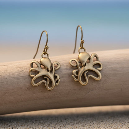 Big Blue by Roland St John bronze octopus drop earrings with intricate tentacles, perfect for ocean lovers.