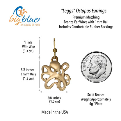 Big Blue by Roland St John bronze octopus drop earrings, 5/8 inch charm, with secure rubber backings.