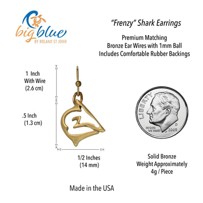 Big Blue by Roland St John "Frenzy" shark drop earrings in bronze. Realistic shark design with French hook ear wires. Made in USA.