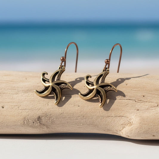 Big Blue by Roland St John bronze starfish drop earrings with a boho charm, perfect for beach lovers.
