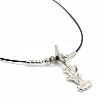 Big Blue by Roland St John sterling silver hammerhead shark choker necklace on black cable wire with beaded accents.