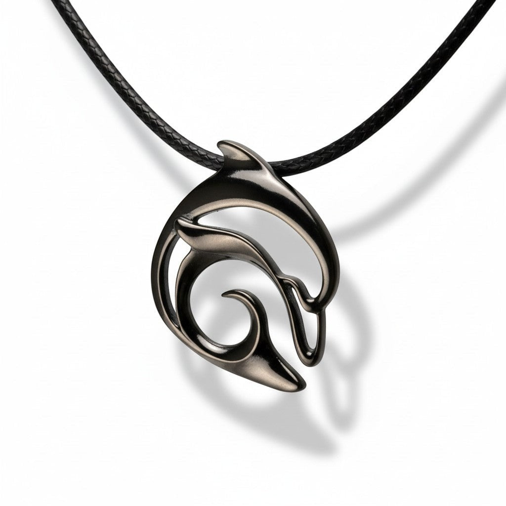 Big Blue by Roland St John jet black dolphin pendant necklace on black cord, sculpted recycled pewter, modern design.