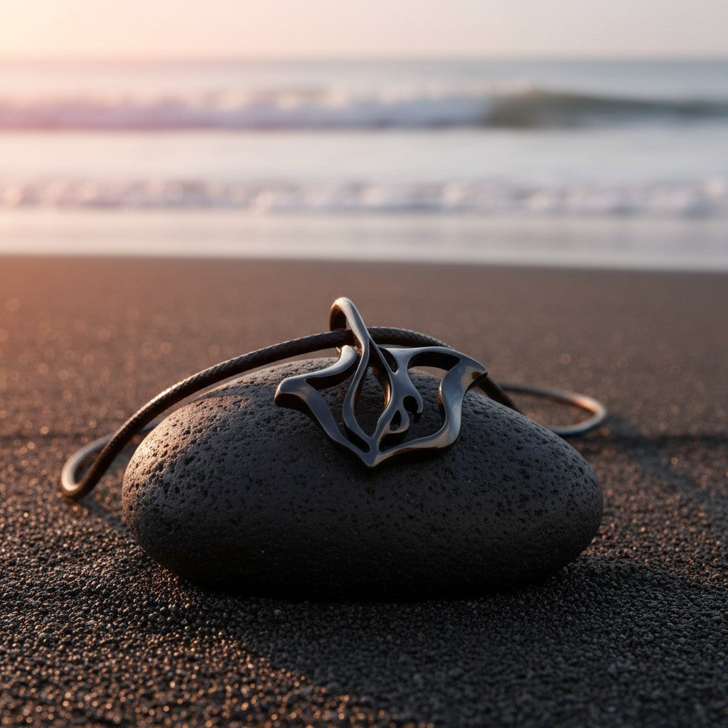Big Blue by Roland St John jet black finish stingray pendant necklace on a dark stone at the beach.