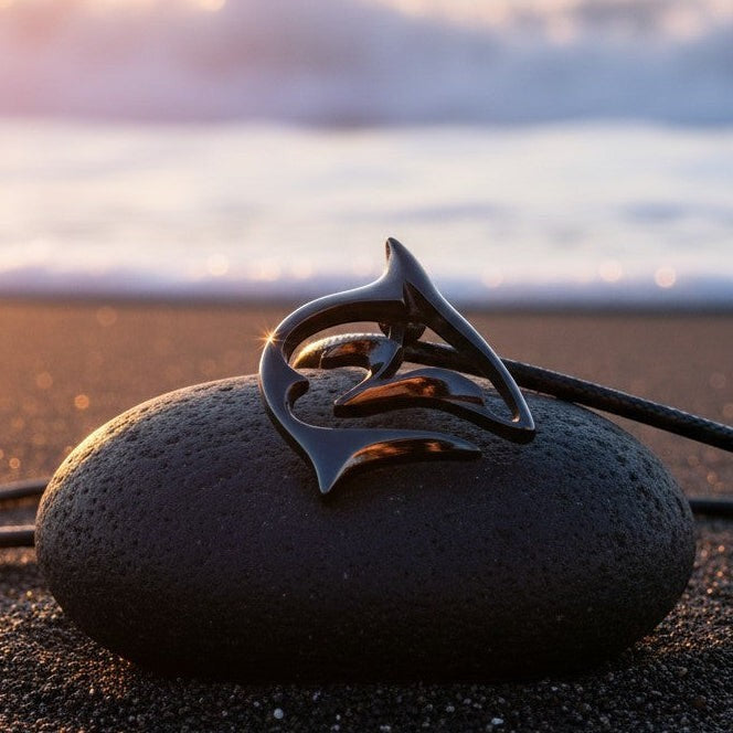 Big Blue by Roland St John "Frenzy" shark pendant necklace in jet black finish on black cord, displayed on a dark stone on a beach.