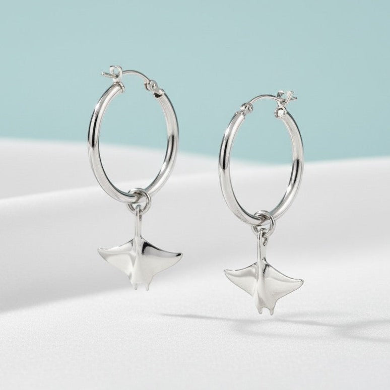 Big Blue by Roland St John sterling silver manta ray drop hoop earrings, inspired by the ocean. Realistic design, 1.75" long.