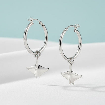 Big Blue by Roland St John sterling silver manta ray drop hoop earrings, inspired by the ocean. Realistic design, 1.75" long.