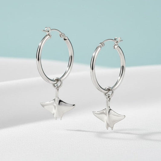 Big Blue by Roland St John sterling silver manta ray drop hoop earrings, inspired by the ocean. Realistic design, 1.75" long.