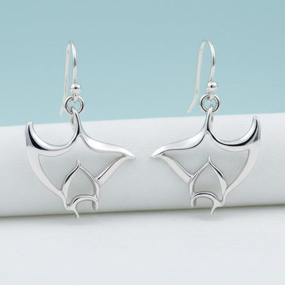 Big Blue by Roland St John "Big Ray" sterling silver manta ray drop earrings with French hook ear wires.
