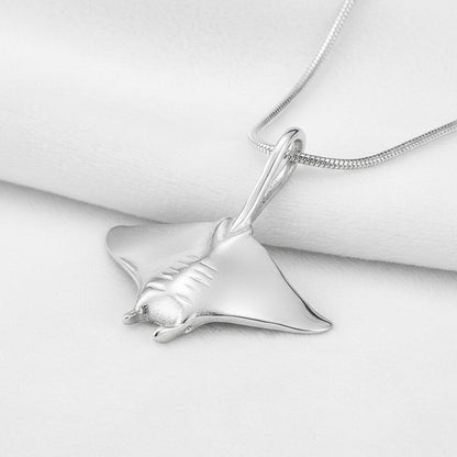 Big Blue by Roland St John realistic sterling silver manta ray pendant necklace with snake chain.