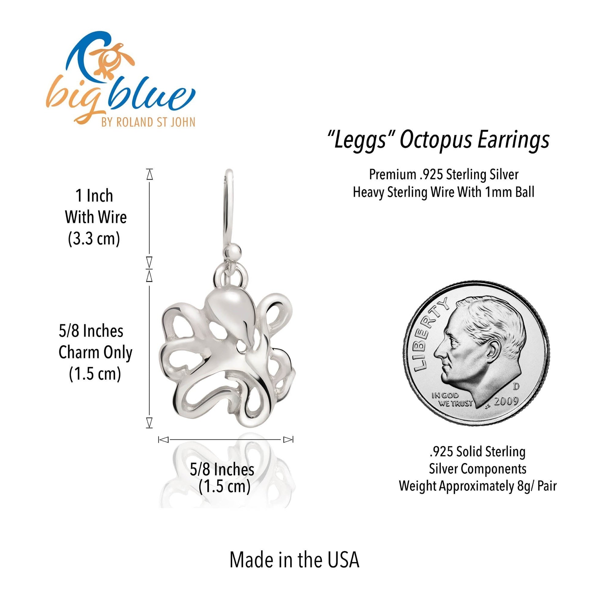 Big Blue by Roland St John sterling silver octopus drop earrings, 1.25" long, detailed charm with tentacles.