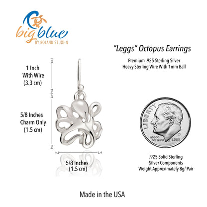 Big Blue by Roland St John sterling silver octopus drop earrings, 1.25" long, detailed charm with tentacles.