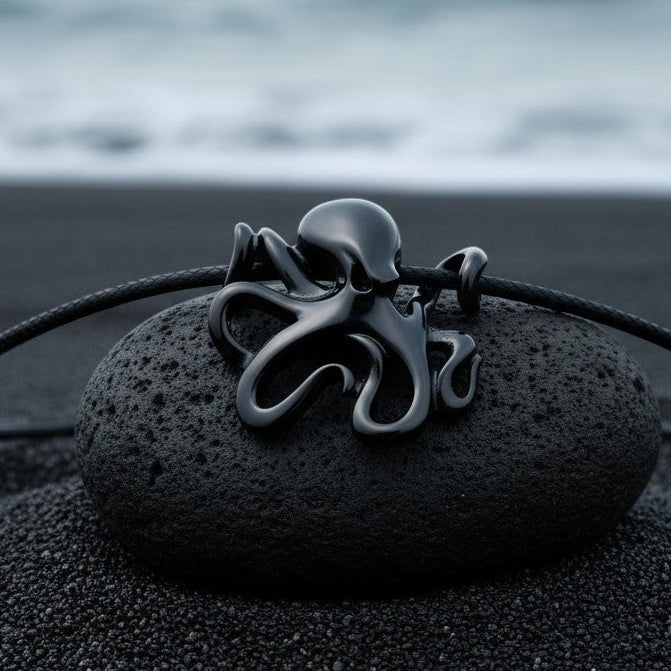 Big Blue by Roland St John Leggs octopus pendant necklace in jet black finish on a black cord, resting on a dark stone on black sand.