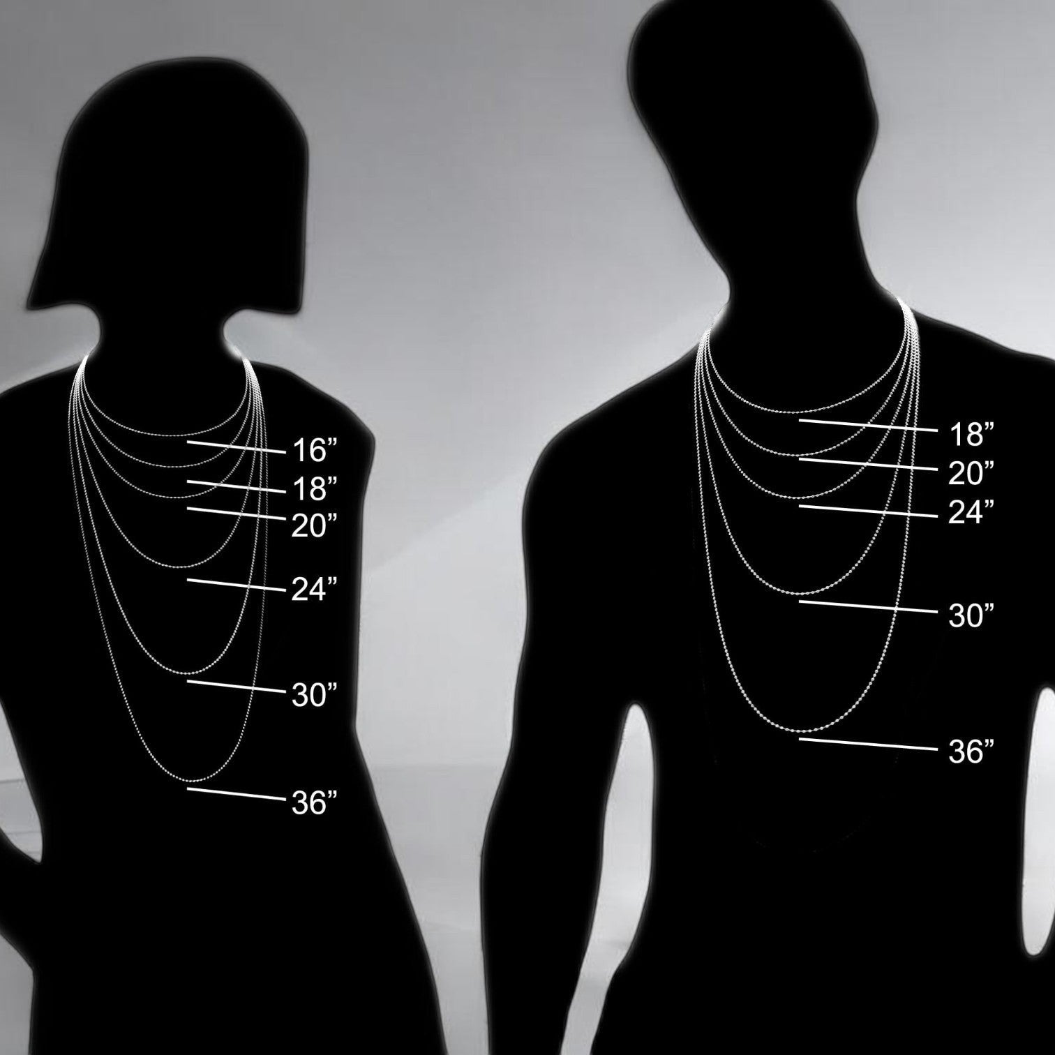 Big Blue by Roland St John sea turtle pendant size guide showing chain lengths on male and female silhouettes.