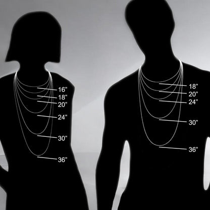 Big Blue by Roland St John sea turtle pendant size guide showing chain lengths on male and female silhouettes.