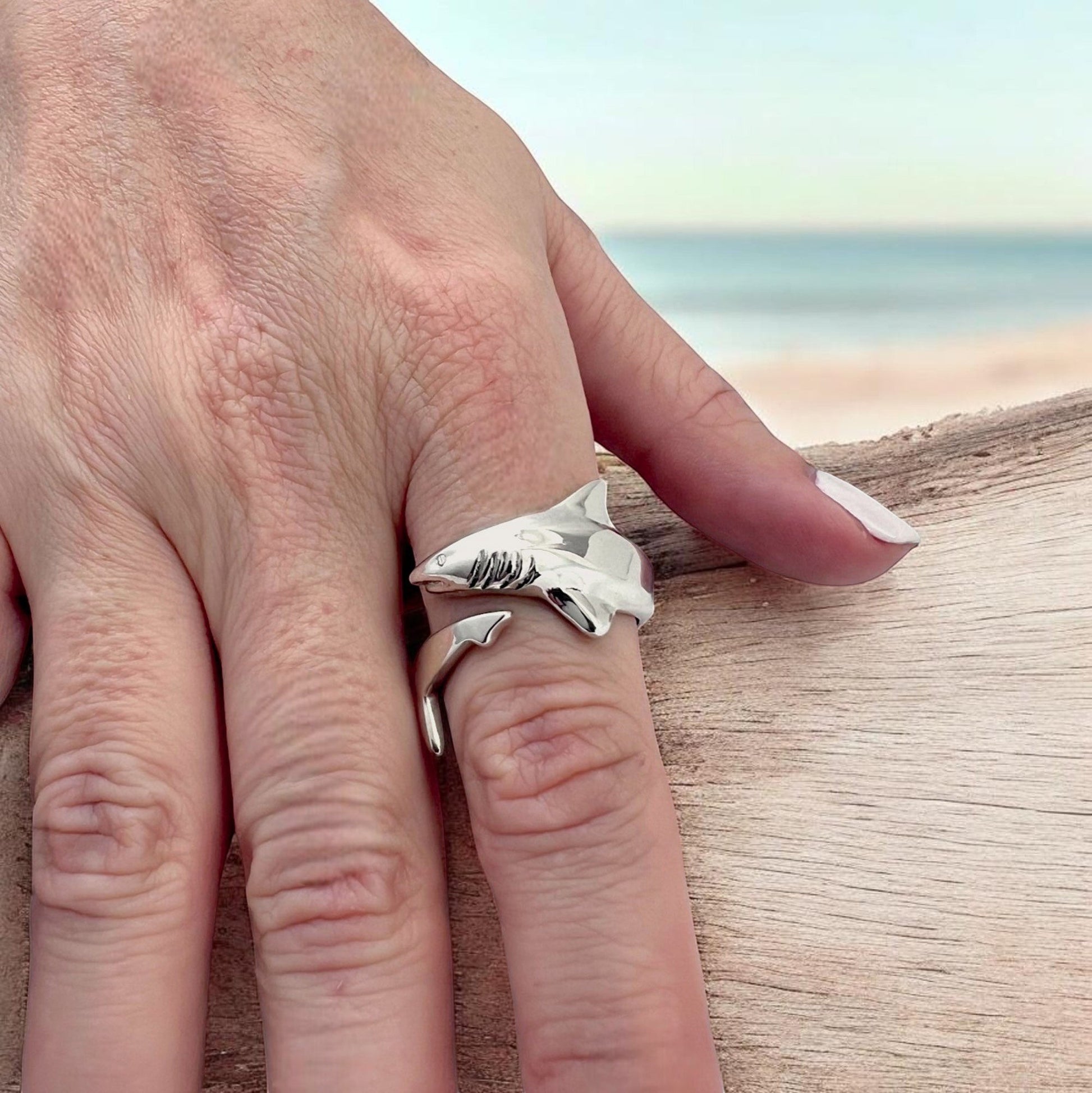 Big Blue by Roland St John sterling silver adjustable shark ring, handcrafted with realistic detail. Ocean-inspired sea life jewelry.