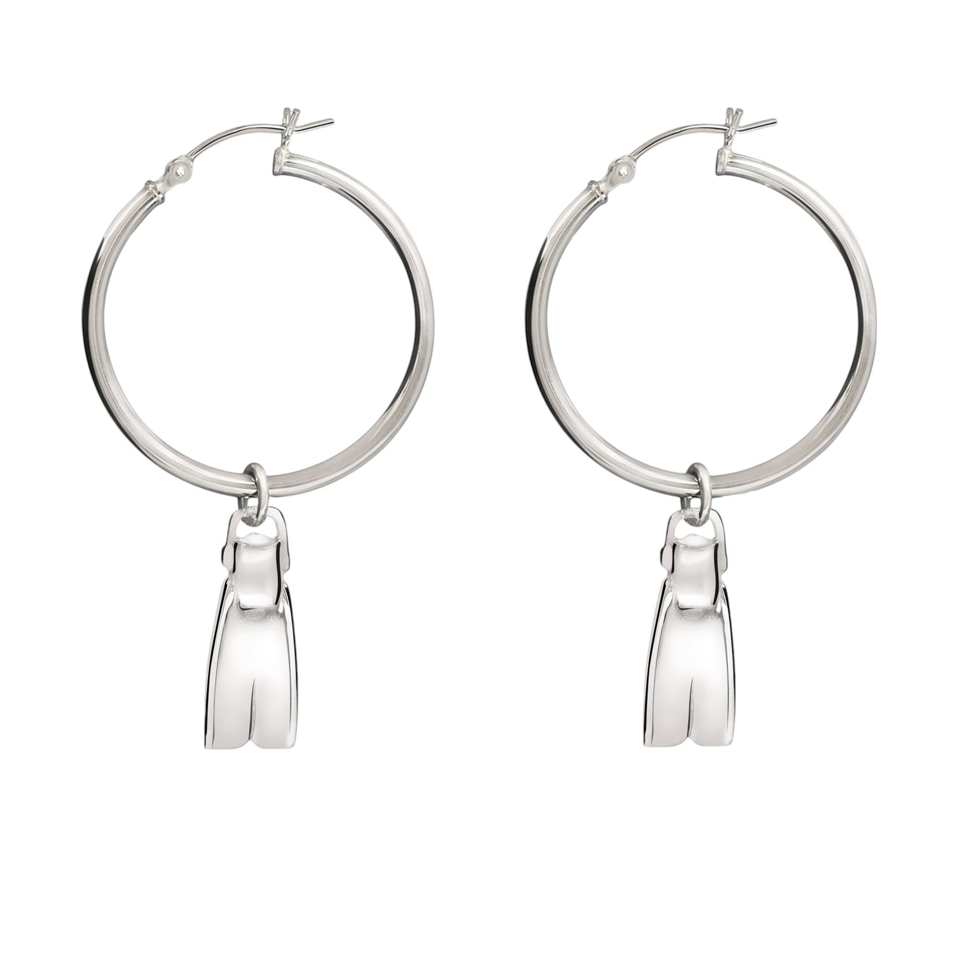 Big Blue by Roland St John sterling silver hoop earrings with miniature dive fin charms. Realistic 3D design, perfect for ocean lovers and divers.