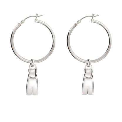 Big Blue by Roland St John sterling silver hoop earrings with miniature dive fin charms. Realistic 3D design, perfect for ocean lovers and divers.