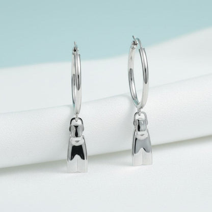 Big Blue by Roland St John sterling silver hoop earrings with miniature dive fin charms. Hypoallergenic and nickel-free.