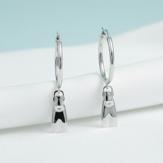 Big Blue by Roland St John sterling silver hoop earrings with miniature dive fin charms. Hypoallergenic and nickel-free.