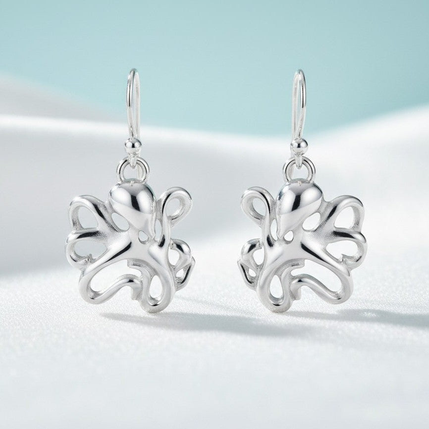 Big Blue by Roland St John sterling silver octopus drop earrings with intricate tentacle details, perfect for ocean lovers.