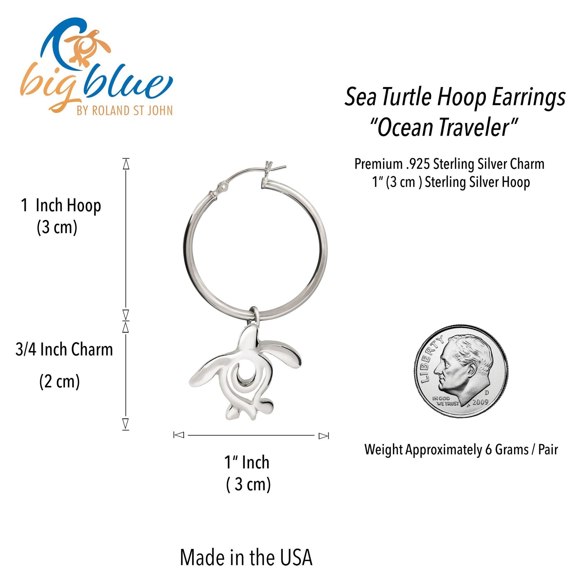 Big Blue by Roland St John sterling silver sea turtle hoop earrings, 1.75 inches tall, featuring a detailed Honu charm.