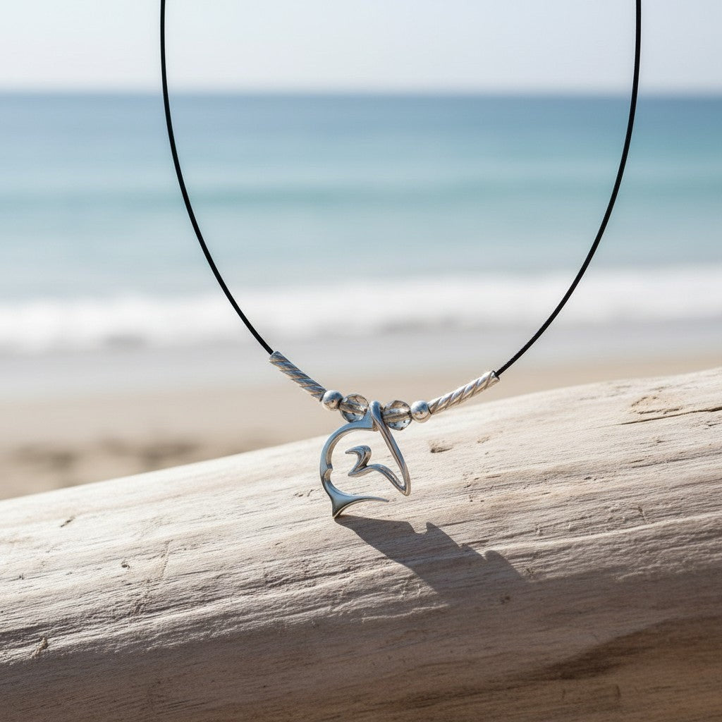 Big Blue by Roland St John sterling silver mini shark choker necklace on black cable wire with clear beads.