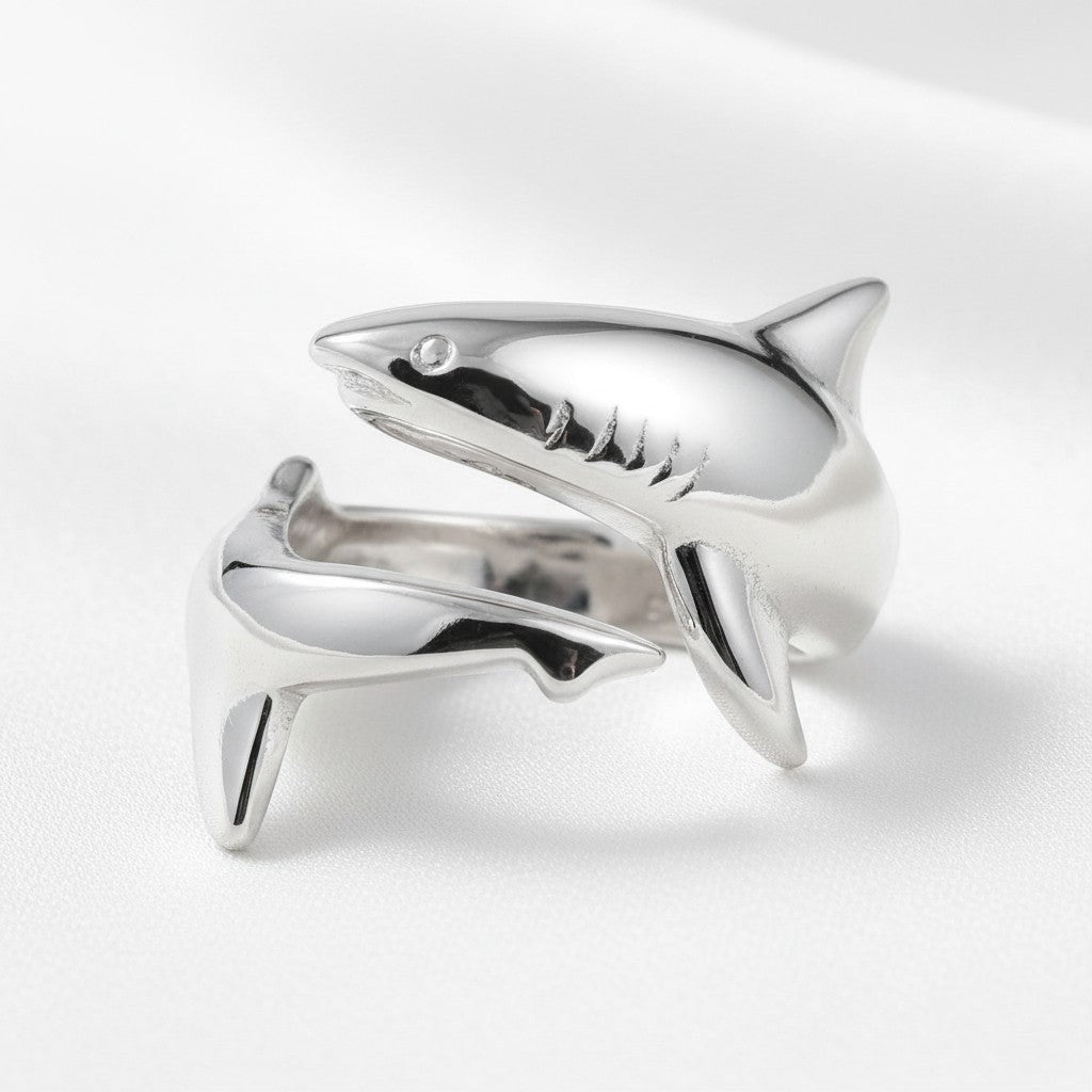 Big Blue by Roland St John sterling silver adjustable shark ring, detailed with gills and fins.