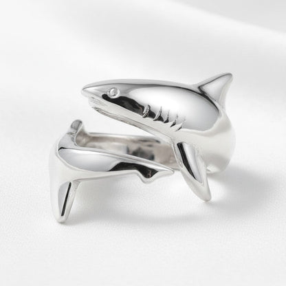 Big Blue by Roland St John sterling silver adjustable shark ring, detailed with gills and fins.