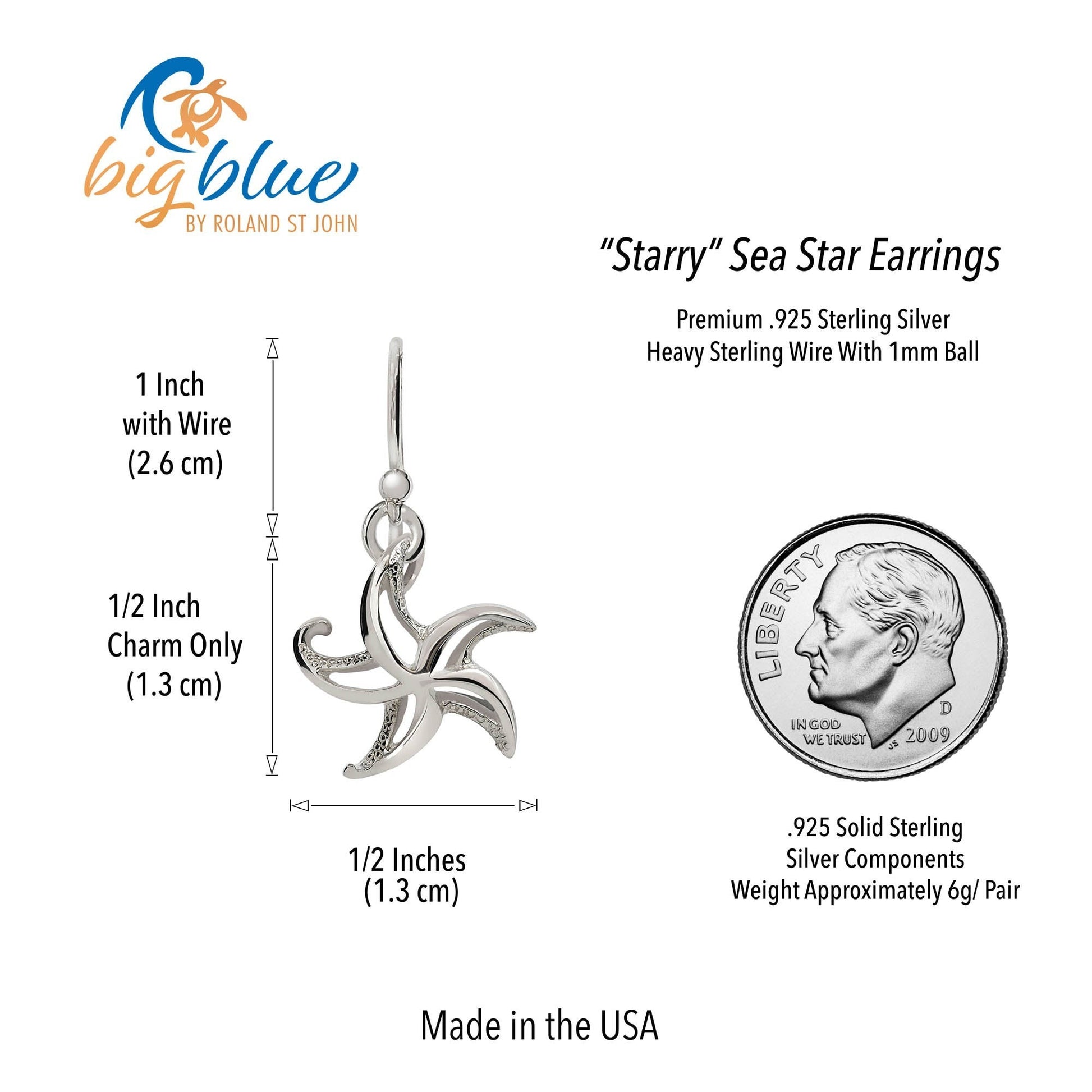 Big Blue by Roland St John "Starry" sterling silver starfish drop earrings, 1 1/8 inch long, realistic contemporary design.