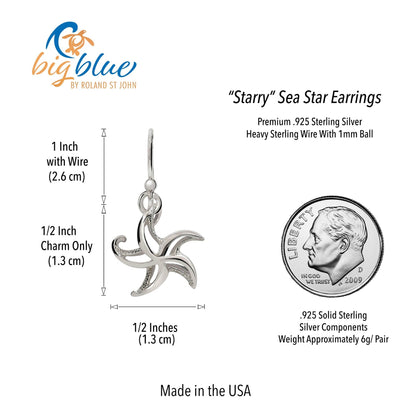 Big Blue by Roland St John "Starry" sterling silver starfish drop earrings, 1 1/8 inch long, realistic contemporary design.