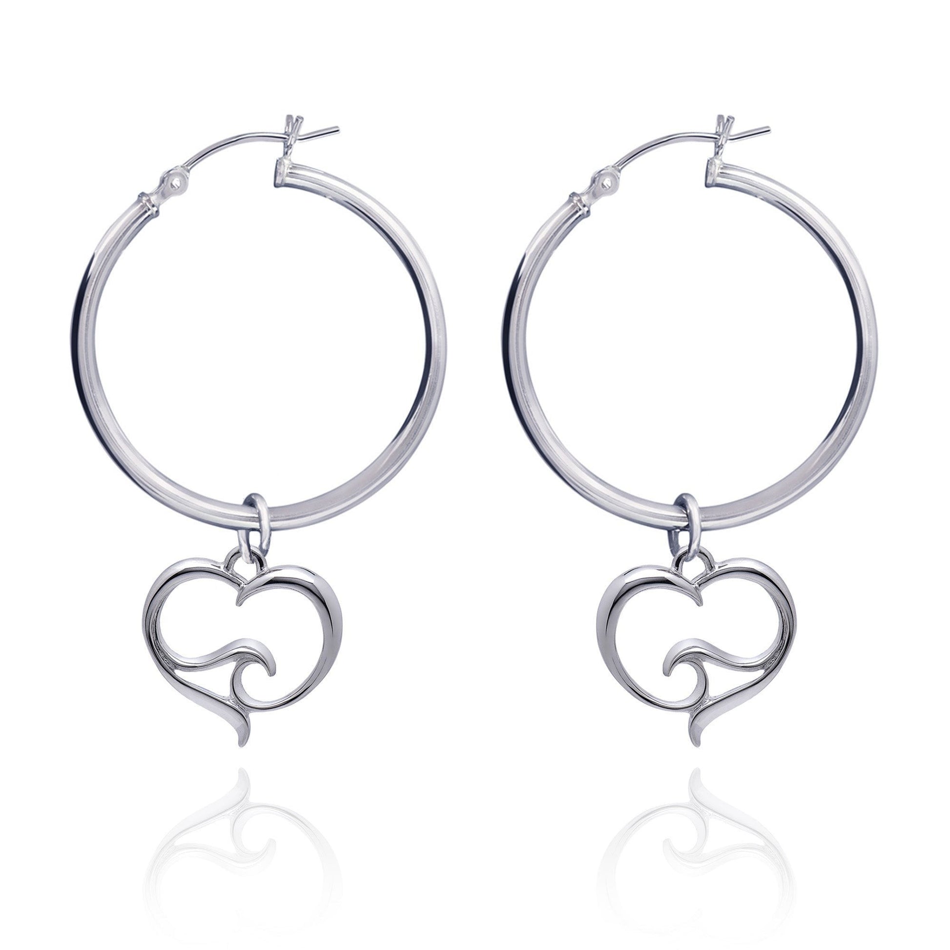 Big Blue by Roland St John sterling silver hoop earrings with a heart and ocean wave charm. Symbolizes love and the sea.