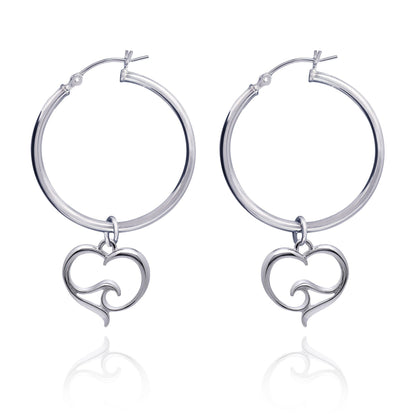 Big Blue by Roland St John sterling silver hoop earrings with a heart and ocean wave charm. Symbolizes love and the sea.