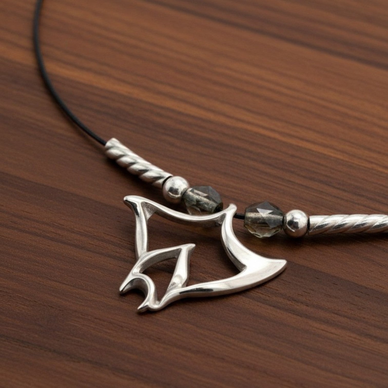 Big Blue by Roland St John sterling silver manta ray choker necklace with grey beads and twisted silver accents.