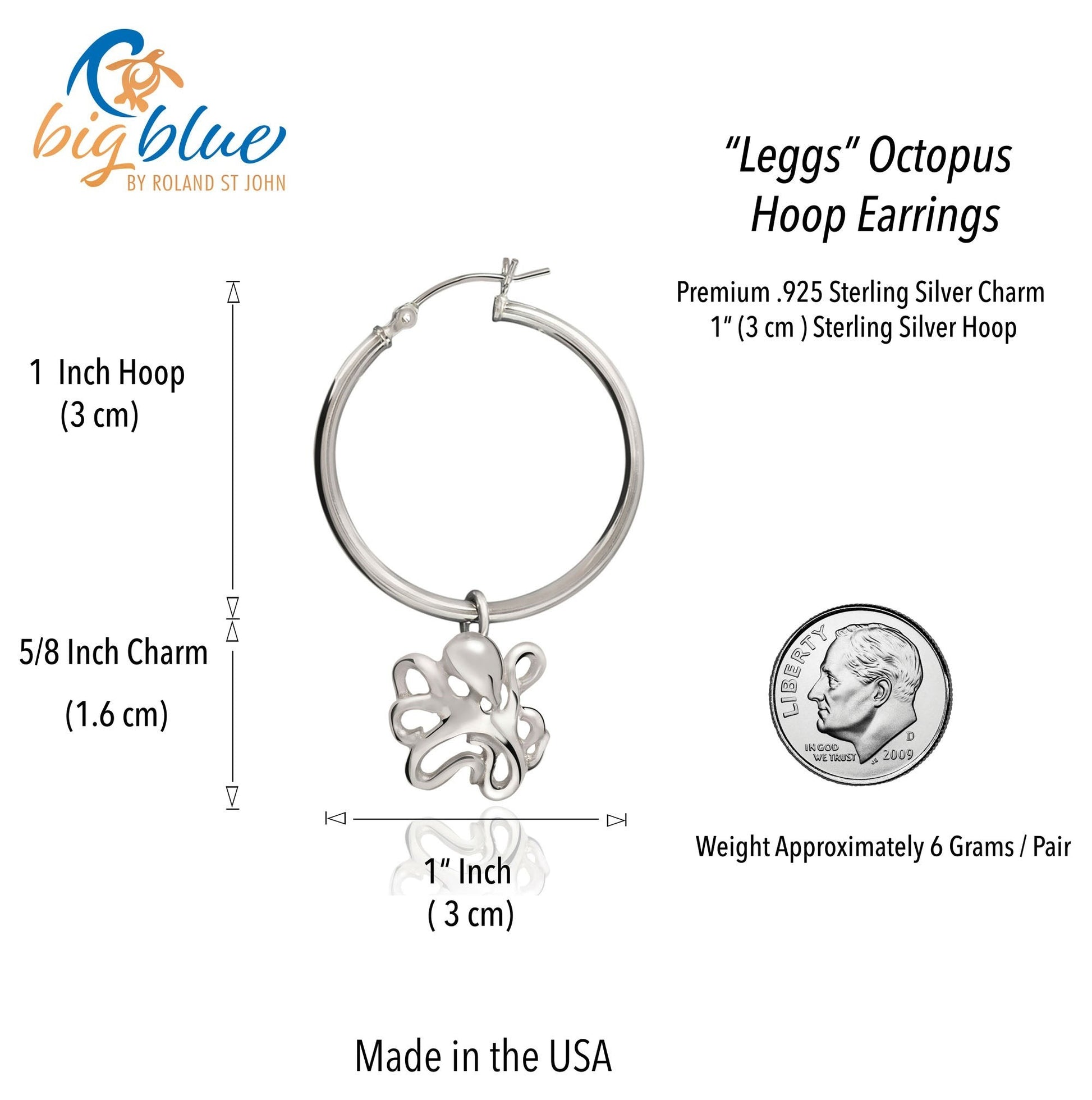 Big Blue by Roland St John sterling silver octopus hoop earrings with 1-inch hoops and 5/8-inch charms.