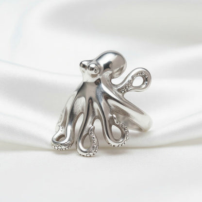 Big Blue by Roland St John sterling silver octopus ring with detailed tentacles, adjustable fit, sea life collection.