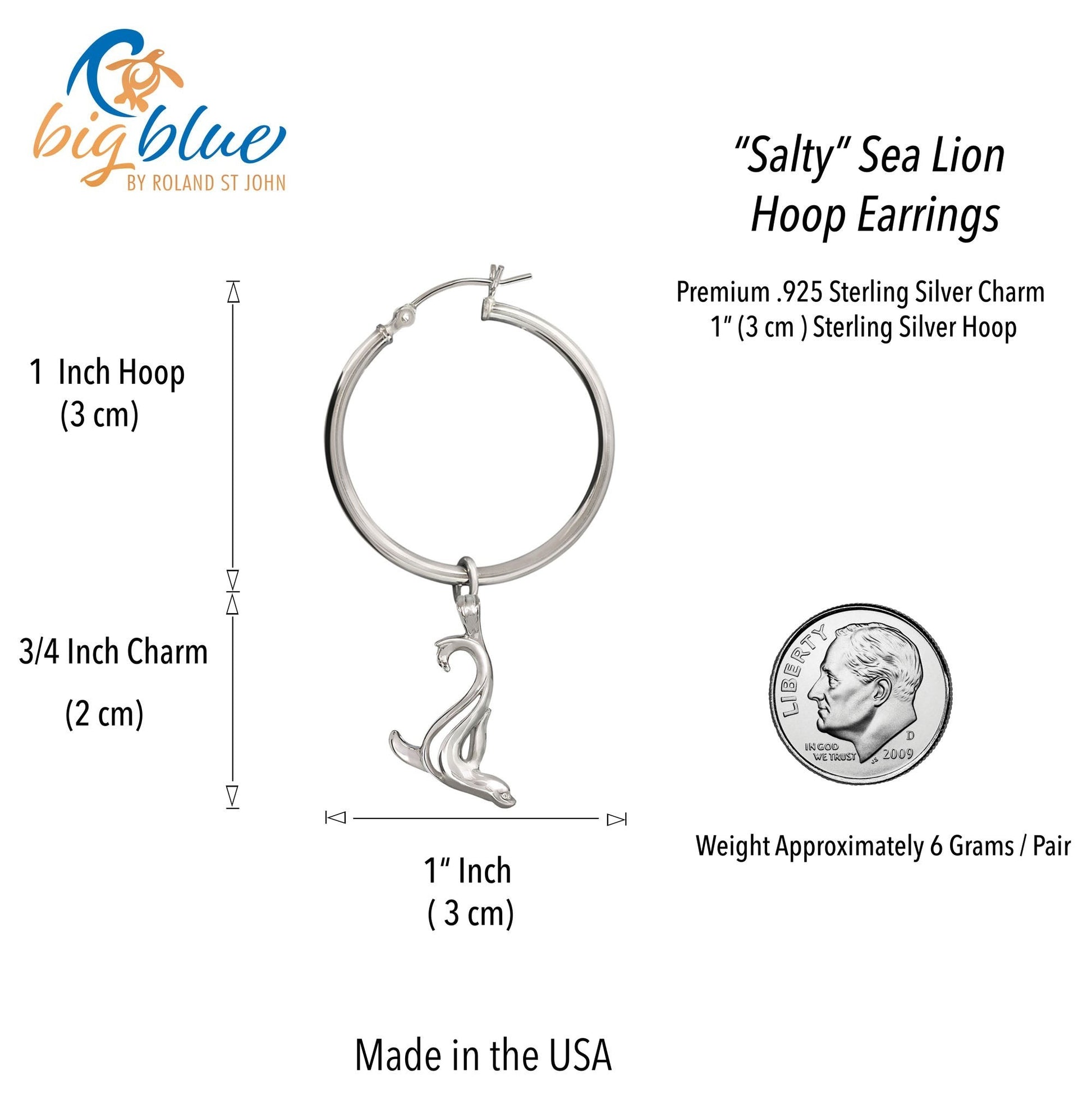 Big Blue by Roland St John sterling silver hoop earrings featuring a detailed sea lion charm. Approx. 1.75" total length.